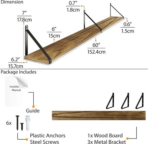 Wallniture Bora 60"x6" Rustic Floating Shelves, Wall Bookshelf Living Room Decor, Wall Shelves for Bedroom Decor, Dining Room Shelf, Office Wall Book Shelf, Kitchen Wall Shelf Set, Burnt, Wood in Saudi Arabia