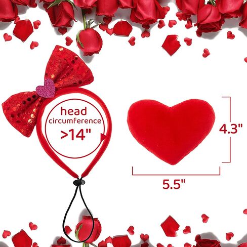 مجموعة زي تنكري للكلاب لعيد الحب من زيمياس - باندانا حمراء منقوشة وربطة عنق على شكل فيونكة وشريط رأس بلينج للكلاب ولعبة قطيفة على شكل قلب للعطلات والحفلات وعيد الحب in Kuwait