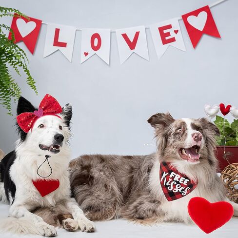مجموعة زي تنكري للكلاب لعيد الحب من زيمياس - باندانا حمراء منقوشة وربطة عنق على شكل فيونكة وشريط رأس بلينج للكلاب ولعبة قطيفة على شكل قلب للعطلات والحفلات وعيد الحب in Kuwait