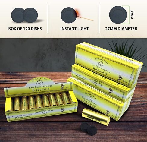 أقراص فحم البخور سريعة الإضاءة من Southern Star - قوالب حرق البخور متوسطة الحجم، 27 مم، 120 قرص فحم طبيعي خالٍ من الرائحة في 45 دقيقة. حرق الوقت in Kuwait