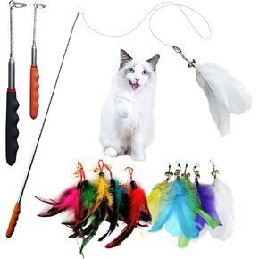 JOCYI Cat Feather Toys-2PCS Retractable Cat Wand Toy 33Inch-10PCS Feathers Teaser Replacements with Bell,Spring and 27 inchs nylon thread Connection Feather,Easier to simulate the cat's preferred prey in Saudi Arabia