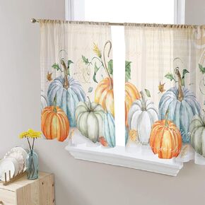 Thanksgiving Sheer Curtains 45 Inch Length 2 Panels Set,Orange White Grey Blue Pumpkin Botanical Fall Leaf Semi Transparent Voile Rod Pocket Curtains Rustic Retro Drapes for Living Dining Room Bedroom in Kuwait