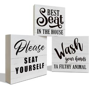 3Pcs Farmhouse Wood Decor, Bathroom Decor, Tiered Tray Decor, Wood Decorations for Toilet, Funny Farmhouse Bathroom Signs for Table Décor, Restroom Decor, Wood Decor Set, Please Sit Yourself Sign