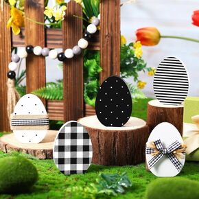 6 Pcs Easter Bunny Eggs Wooden Signs with Wood Bead String Black and White Easter Tiered Tray Decor Set Rustic Wood Table Sign Spring Tabletop Decorations for Home Farmhouse Decor (Egg Style)