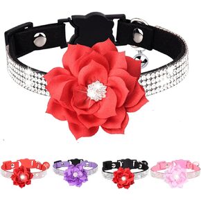 THAIN Rhinestone bling kitten cat collar breakaway diamond with bell and floral decoration velvet quick release (XS, Black)