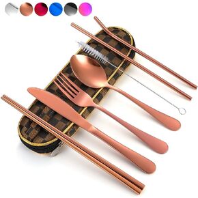 أواني السفر، مجموعة أدوات فضية قابلة لإعادة الاستخدام للذهاب إلى مجموعة أدوات المائدة المحمولة مع حقيبة حمل مقاومة للماء لصناديق الغداء في مكان العمل والتخييم والنزهات المدرسية (BrownGridCase/Rosegold) in Kuwait