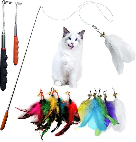 JOCYI Cat Feather Toys-2PCS Retractable Cat Wand Toy 33Inch-10PCS Feathers Teaser Replacements with Bell,Spring and 27 inchs nylon thread Connection Feather,Easier to simulate the cat's preferred prey in Saudi Arabia