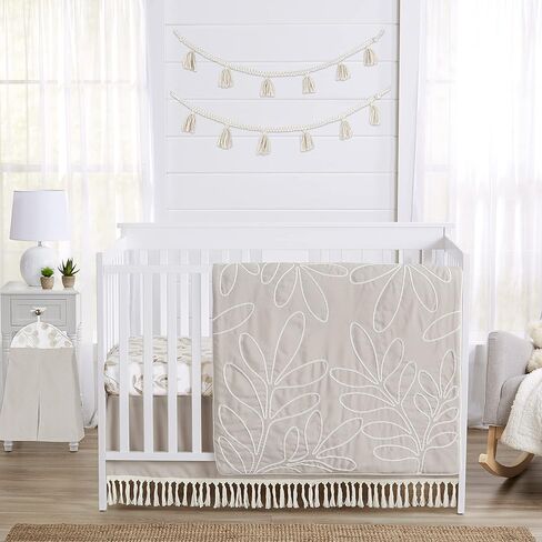 Sweet Jojo Designs Boho Fringe Boy or Girl Baby Nursery Crib Bed Skirt Dust Ruffle - Gender Neutral Beige Tan Taupe Linen Tassel Macrame for Bohemian Woodland Farmhouse Botanical Leaf Collection in Saudi Arabia