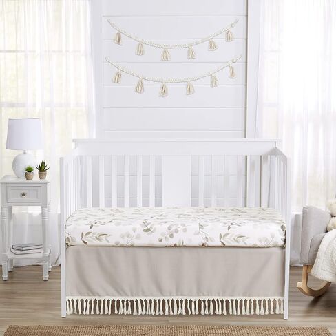 Sweet Jojo Designs Boho Fringe Boy or Girl Baby Nursery Crib Bed Skirt Dust Ruffle - Gender Neutral Beige Tan Taupe Linen Tassel Macrame for Bohemian Woodland Farmhouse Botanical Leaf Collection in Saudi Arabia