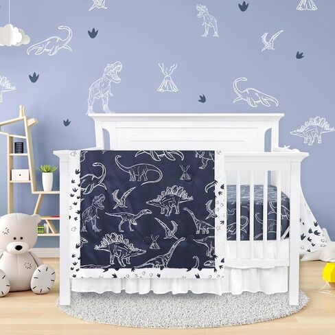 طقم سرير أطفال على شكل ديناصور من Jundetye للأولاد، طقم سرير أطفال مكون من 4 قطع لسرير الأطفال ذو الحجم القياسي، بما في ذلك اللحاف الناعم، وملاءة سرير الأطفال، وتنورة سرير مكشكشة، وحامل الحفاضات in Kuwait