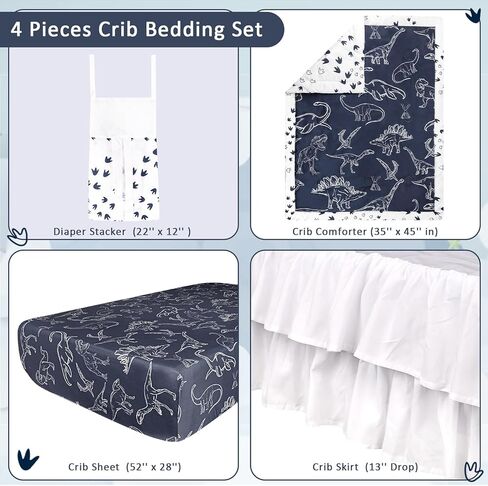 طقم سرير أطفال على شكل ديناصور من Jundetye للأولاد، طقم سرير أطفال مكون من 4 قطع لسرير الأطفال ذو الحجم القياسي، بما في ذلك اللحاف الناعم، وملاءة سرير الأطفال، وتنورة سرير مكشكشة، وحامل الحفاضات in Kuwait