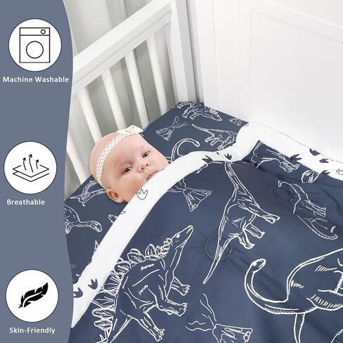 طقم سرير أطفال على شكل ديناصور من Jundetye للأولاد، طقم سرير أطفال مكون من 4 قطع لسرير الأطفال ذو الحجم القياسي، بما في ذلك اللحاف الناعم، وملاءة سرير الأطفال، وتنورة سرير مكشكشة، وحامل الحفاضات in Kuwait