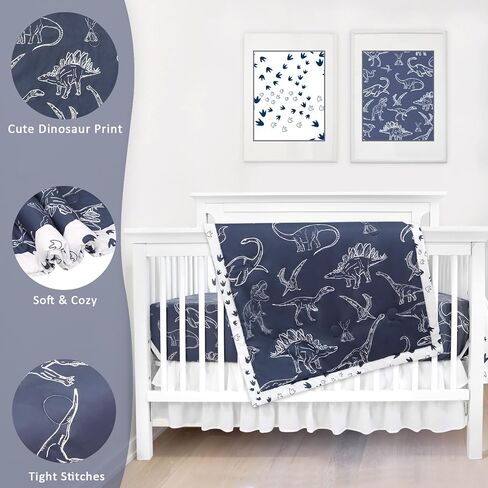 طقم سرير أطفال على شكل ديناصور من Jundetye للأولاد، طقم سرير أطفال مكون من 4 قطع لسرير الأطفال ذو الحجم القياسي، بما في ذلك اللحاف الناعم، وملاءة سرير الأطفال، وتنورة سرير مكشكشة، وحامل الحفاضات in Kuwait