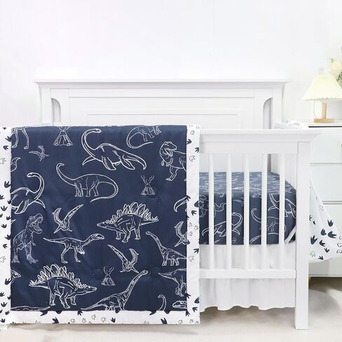 طقم سرير أطفال على شكل ديناصور من Jundetye للأولاد، طقم سرير أطفال مكون من 4 قطع لسرير الأطفال ذو الحجم القياسي، بما في ذلك اللحاف الناعم، وملاءة سرير الأطفال، وتنورة سرير مكشكشة، وحامل الحفاضات in Kuwait