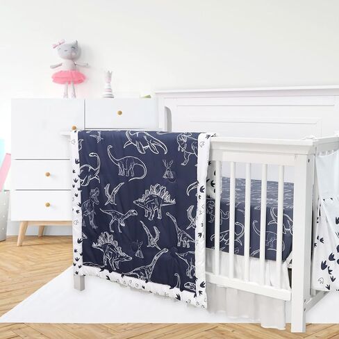 طقم سرير أطفال على شكل ديناصور من Jundetye للأولاد، طقم سرير أطفال مكون من 4 قطع لسرير الأطفال ذو الحجم القياسي، بما في ذلك اللحاف الناعم، وملاءة سرير الأطفال، وتنورة سرير مكشكشة، وحامل الحفاضات in Kuwait