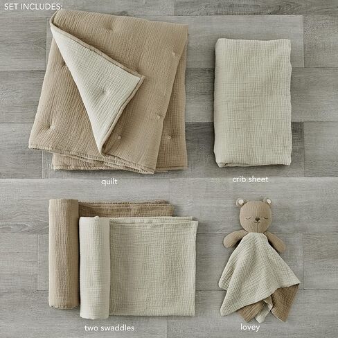 Levtex Baby - Cloud Muslin Crib Bed Set - Baby Nursery Set - Sage and White Stars - Sage Textured Muslin - 5 Piece Set includes Quilt, Fitted Sheet, Two Swaddles & Bear Lovey in Kuwait