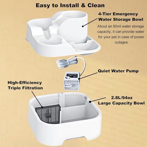 نافورة مياه للقطط من كوبماث للحيوانات الأليفة المتعددة، 4 طبقات، 95 أونصة/2.8 لتر، مضخة هادئة تهمس، ترشيح علمي، سهلة الإعداد والتنظيف، تخزين المياه في حالات الطوارئ، موزع مياه كبير للكلاب، مع قابس طاقة in Kuwait