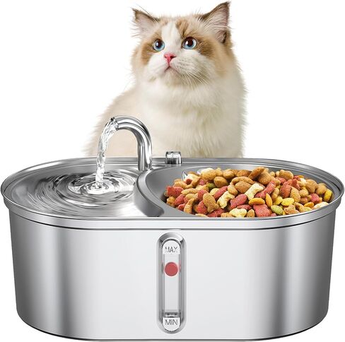 نافورة مياه للقطط سعة 101 اونصة/3 لتر من الستانلس ستيل 304 للقطط بالداخل، وعاء للقطط 2 في 1 للطعام والماء in Kuwait