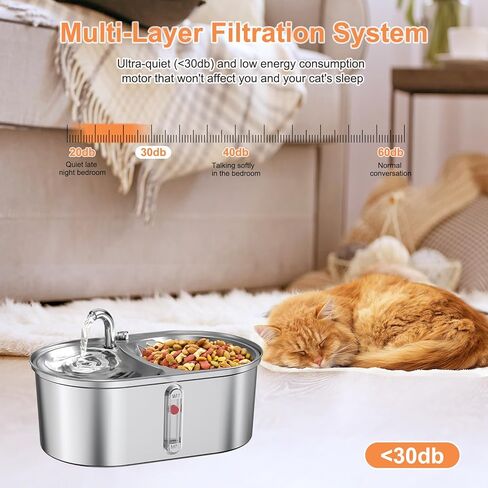 نافورة مياه للقطط سعة 101 اونصة/3 لتر من الستانلس ستيل 304 للقطط بالداخل، وعاء للقطط 2 في 1 للطعام والماء in Kuwait