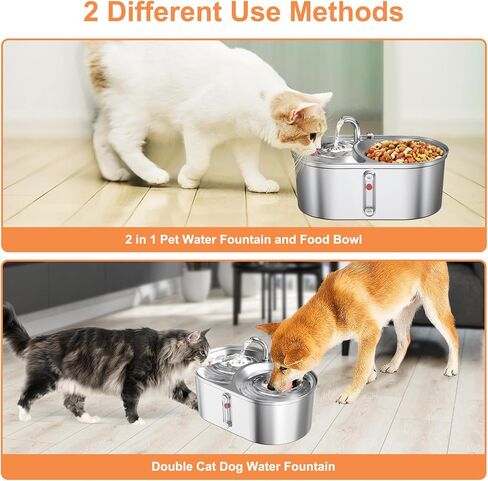 نافورة مياه للقطط سعة 101 اونصة/3 لتر من الستانلس ستيل 304 للقطط بالداخل، وعاء للقطط 2 في 1 للطعام والماء in Kuwait