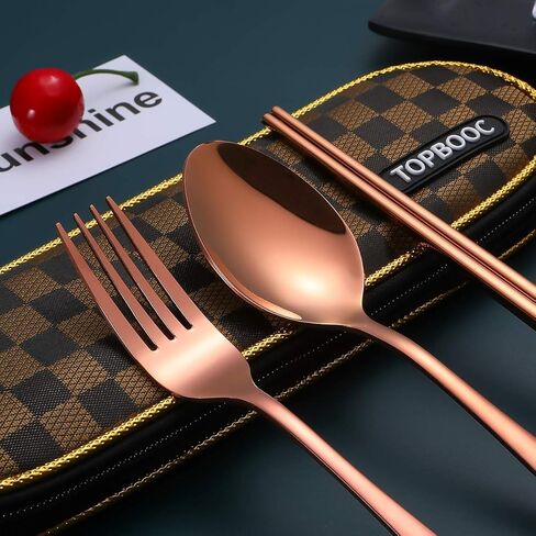 أواني السفر، مجموعة أدوات فضية قابلة لإعادة الاستخدام للذهاب إلى مجموعة أدوات المائدة المحمولة مع حقيبة حمل مقاومة للماء لصناديق الغداء في مكان العمل والتخييم والنزهات المدرسية (BrownGridCase/Rosegold) in Kuwait