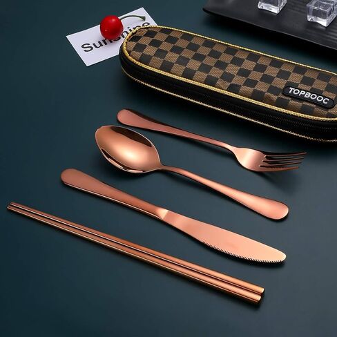 أواني السفر، مجموعة أدوات فضية قابلة لإعادة الاستخدام للذهاب إلى مجموعة أدوات المائدة المحمولة مع حقيبة حمل مقاومة للماء لصناديق الغداء في مكان العمل والتخييم والنزهات المدرسية (BrownGridCase/Rosegold) in Kuwait