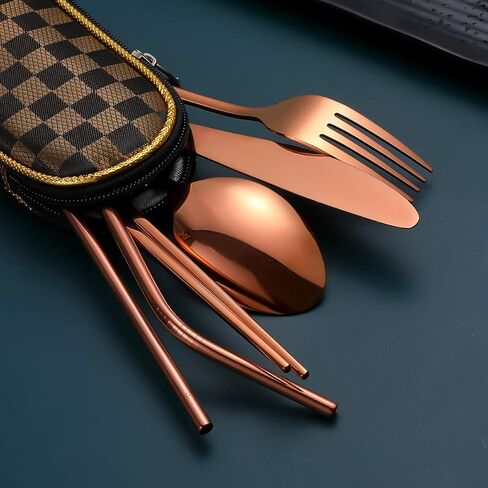 أواني السفر، مجموعة أدوات فضية قابلة لإعادة الاستخدام للذهاب إلى مجموعة أدوات المائدة المحمولة مع حقيبة حمل مقاومة للماء لصناديق الغداء في مكان العمل والتخييم والنزهات المدرسية (BrownGridCase/Rosegold) in Kuwait