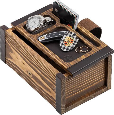 SPLENDSTOR Decorative Wooden Box with Valet Tray Lid - Mens Entryway Desk Organizer for Accessories Watch Wallet and Jewelry - Genuine Leather & Wood Handmade Gifts Boxes for Men in Saudi Arabia
