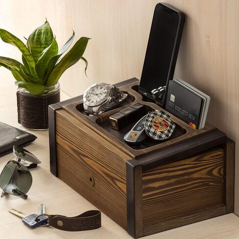 SPLENDSTOR Decorative Wooden Box with Valet Tray Lid - Mens Entryway Desk Organizer for Accessories Watch Wallet and Jewelry - Genuine Leather & Wood Handmade Gifts Boxes for Men in Saudi Arabia