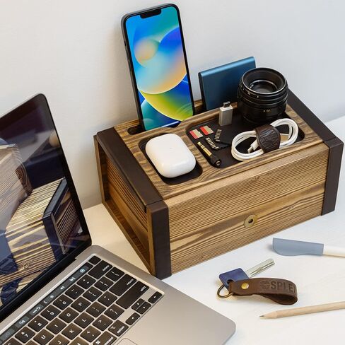 SPLENDSTOR Decorative Wooden Box with Valet Tray Lid - Mens Entryway Desk Organizer for Accessories Watch Wallet and Jewelry - Genuine Leather & Wood Handmade Gifts Boxes for Men in Saudi Arabia