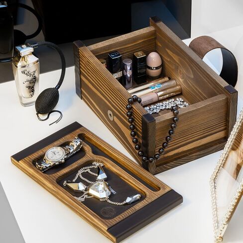 SPLENDSTOR Decorative Wooden Box with Valet Tray Lid - Mens Entryway Desk Organizer for Accessories Watch Wallet and Jewelry - Genuine Leather & Wood Handmade Gifts Boxes for Men in Saudi Arabia