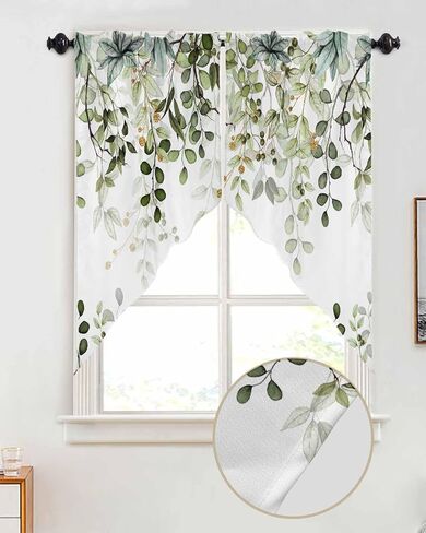Spring Valances Curtains for Kitchen Summer Sage Green Eucalyptus Leaf and Branches Kitchen Valance Short Curtains Rod Pocket Window Treatments for Bathroom Bedroom Windows 42x12 Inch in Saudi Arabia