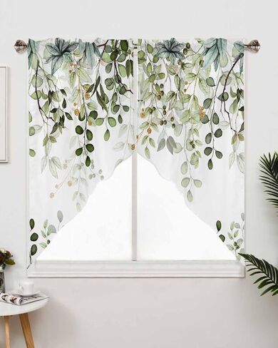 Spring Valances Curtains for Kitchen Summer Sage Green Eucalyptus Leaf and Branches Kitchen Valance Short Curtains Rod Pocket Window Treatments for Bathroom Bedroom Windows 42x12 Inch in Saudi Arabia