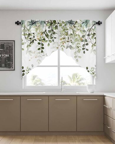 Spring Valances Curtains for Kitchen Summer Sage Green Eucalyptus Leaf and Branches Kitchen Valance Short Curtains Rod Pocket Window Treatments for Bathroom Bedroom Windows 42x12 Inch in Saudi Arabia