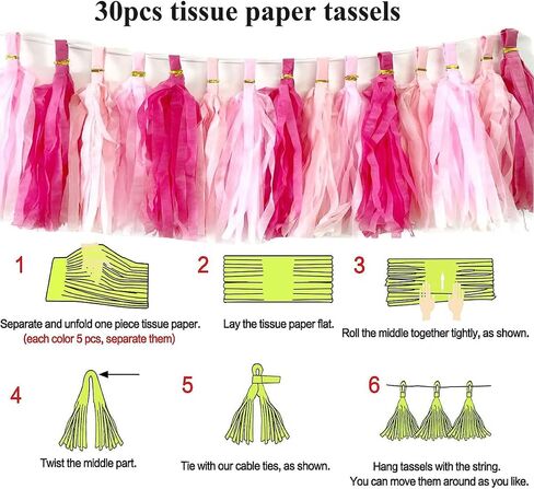 30pcs Paper Tassels Garland Banner Hot Pink Lt-Pink Tissue Paper Tassels DIY Hanging Paper Decorations Party Tassel Garland Decor Nursery Wedding Festival Baby Shower Decor(30, Pink kit) in Saudi Arabia