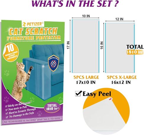 بيتيزر شريط مانع للخدش للقطط من 10 قطع، شريط تدريب شفاف لاصق مزدوج الجوانب، مضاد للخدش للاثاث، 5 قطع 16 انش طول 12 انش عرض + 5 عبوات 17 انش طول 10 انش عرض in Kuwait