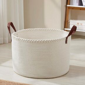 Organizix XLarge Round Cotton Rope Storage Basket Bin Organizer Laundry Hamper with Leather Handles, 21 x 21 x 14, Extra Large Blanket Woven Toy Basket for Baby Nursery - Cream