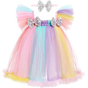 ODASDO Toddler Girls Birthday Party Dress Kids Baby Ruffle Tulle Tutu A-line Princess Dresses with Bowknot Headband