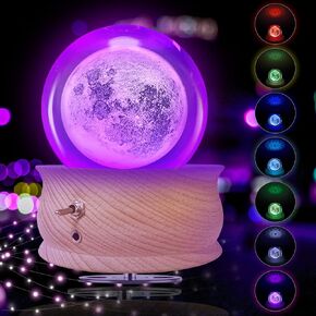 3D Crystal Ball Music Box, 7 colors LED Projection Luminous Rotating Musical, Night Light with Wood Base for mother Wife Girls Kids Boy Women Valentine's Day Birthday Christmas Gift (Solar system)