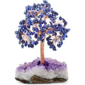 MASGEMES Natural Gemstone Lapis Lazuli Crystal Tree with Amethyst Cluster Base, Healing Feng Shui Money Bonsai Tree for Home Office Decoration Wealth and Luck