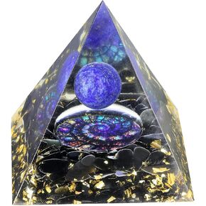 mookaitedecor Lapis Lazuli Crystal Sphere Orgone Pyramid with Obsidian Tumbled Stones and Snail Symbol Orgonite Energy Generator for Protection Meditation Home Decor