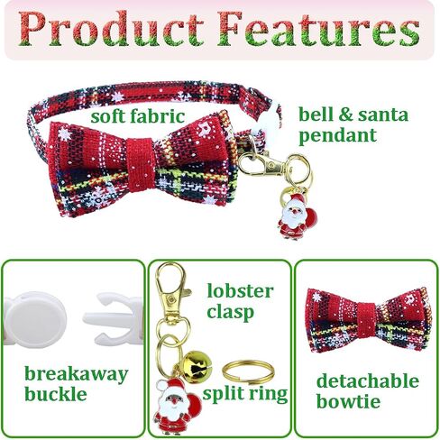 Aiwind Christmas Cat Collars Breakaway with Bell Bowtie and Santa Pendant Charm for Girl Boy Cat Kitten Puppy Rabbit, 3 Pack in Saudi Arabia