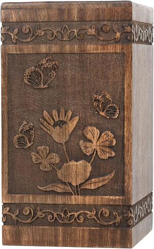 جرار حرق جثث الفراشة من STONLIF للرماد البشري | الكبار - ذكر، أنثى | جرة خشبية للزينة من الرماد التذكاري - بني، 11 بوصة - قطعة واحدة in Kuwait