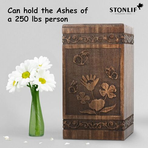 جرار حرق جثث الفراشة من STONLIF للرماد البشري | الكبار - ذكر، أنثى | جرة خشبية للزينة من الرماد التذكاري - بني، 11 بوصة - قطعة واحدة in Kuwait