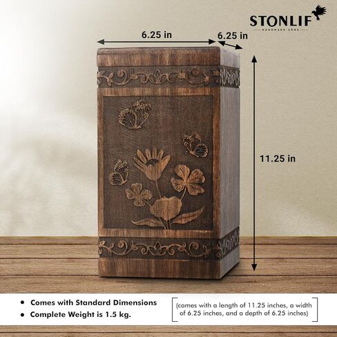 جرار حرق جثث الفراشة من STONLIF للرماد البشري | الكبار - ذكر، أنثى | جرة خشبية للزينة من الرماد التذكاري - بني، 11 بوصة - قطعة واحدة in Kuwait