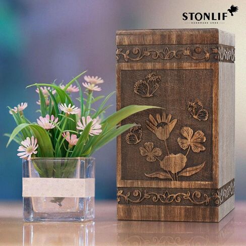 جرار حرق جثث الفراشة من STONLIF للرماد البشري | الكبار - ذكر، أنثى | جرة خشبية للزينة من الرماد التذكاري - بني، 11 بوصة - قطعة واحدة in Kuwait