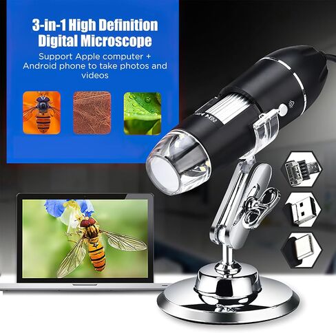 Wireless Digital Microscope - 1600X Magnification Handheld Microscopes Camera with Adjustable Stand USB+Micro+Type-C Compatible with iPhone Android iPad Windows Mac Computer in Saudi Arabia