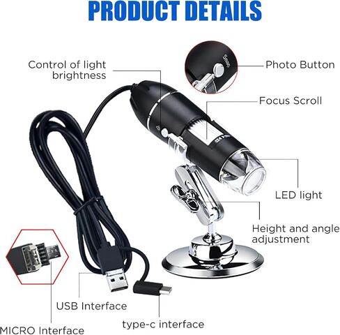 Wireless Digital Microscope - 1600X Magnification Handheld Microscopes Camera with Adjustable Stand USB+Micro+Type-C Compatible with iPhone Android iPad Windows Mac Computer in Saudi Arabia