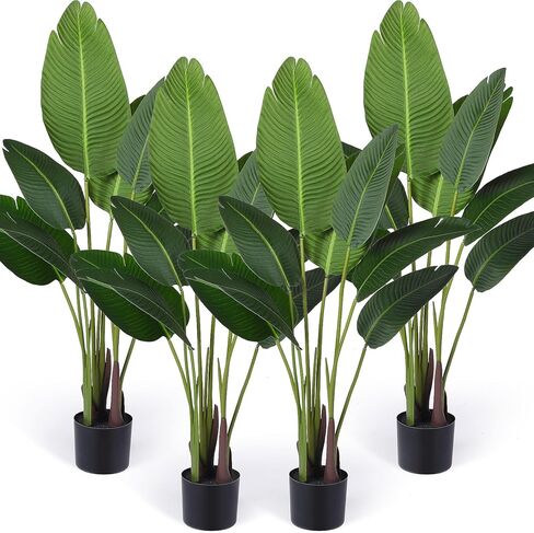 Crowye 4 Pack 4 FT Artificial Bird of Paradise Plant, Travelers Fake Palm Tree Banana Tree Artificial Plant with Flexible Trunks, Faux Banana Leaf Tree with Plastic Pot for Indoor Outdoor in Kuwait
