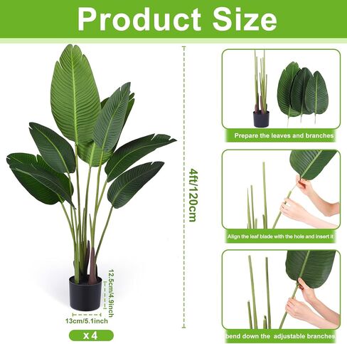 Crowye 4 Pack 4 FT Artificial Bird of Paradise Plant, Travelers Fake Palm Tree Banana Tree Artificial Plant with Flexible Trunks, Faux Banana Leaf Tree with Plastic Pot for Indoor Outdoor in Kuwait